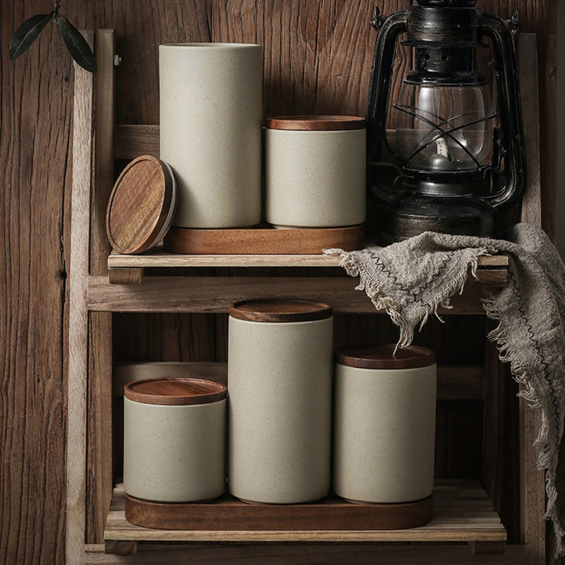 Retro Ceramic Storage Jars with Wooden Lid