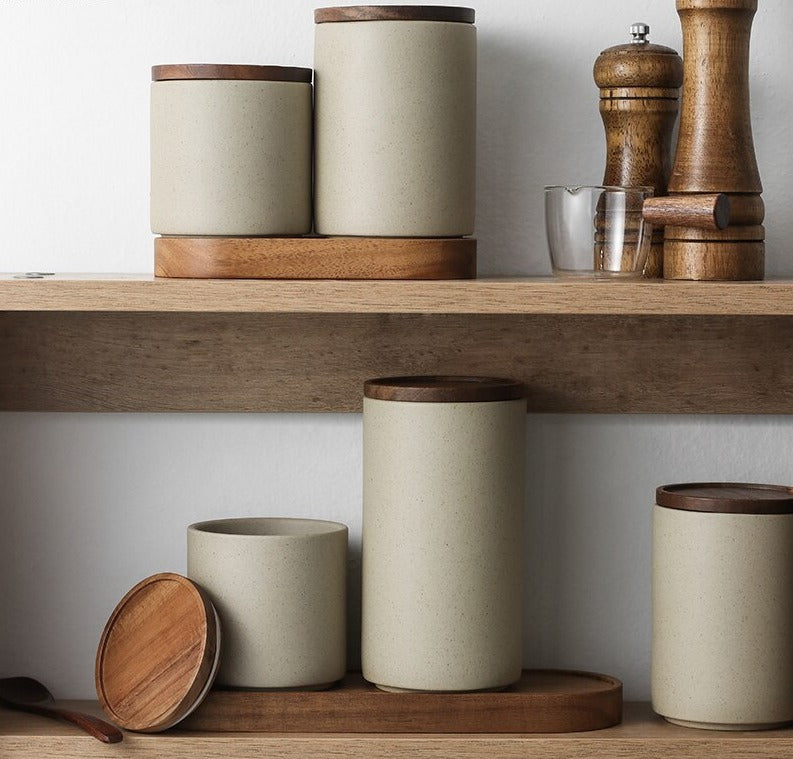Retro Ceramic Storage Jars with Wooden Lid