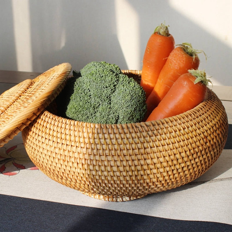 Round Rattan Wicker Basket with Lid