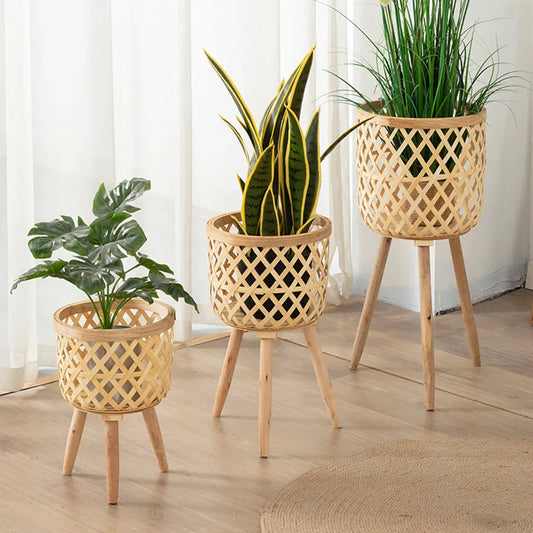 Handmade Bamboo Woven Flower Pot with Stand