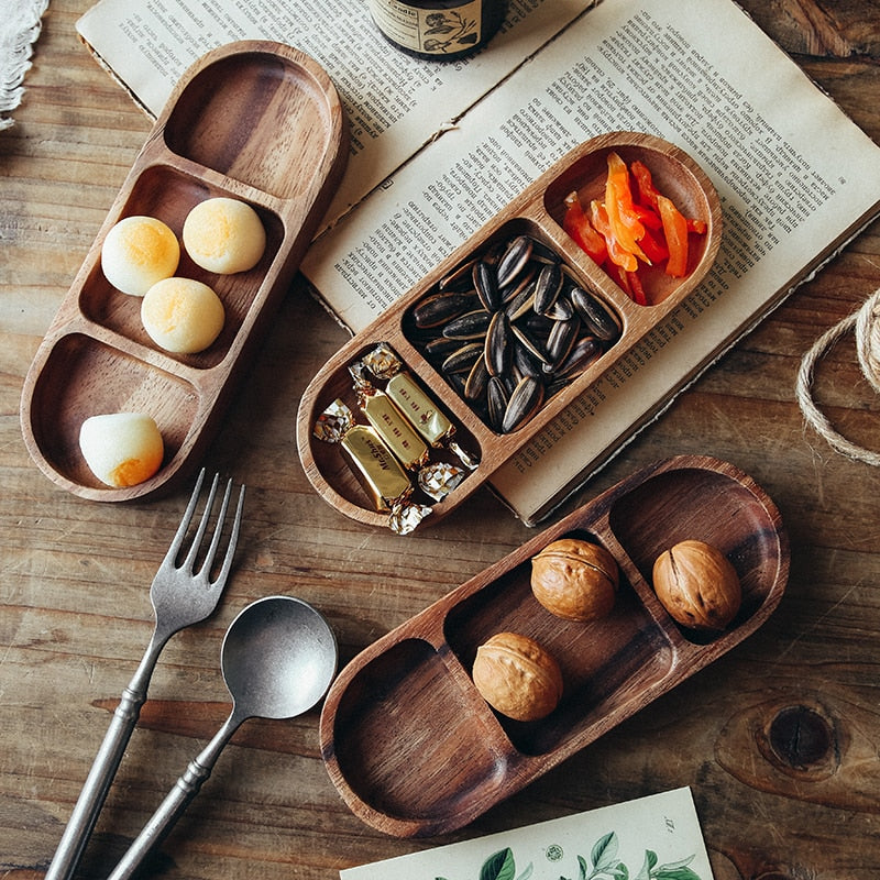 3-Grid Vintage Wooden Appetizer Plate