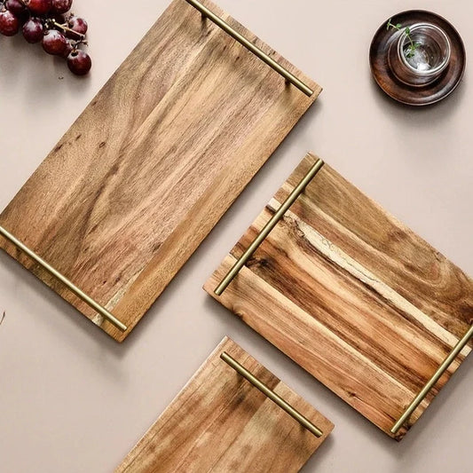 Wooden Tray with Golden Handles