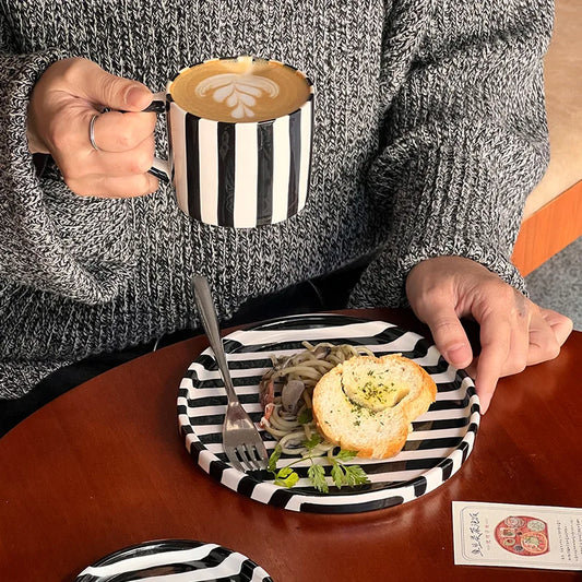 Striped Retro Ceramic Coffee Cup & Saucer Set