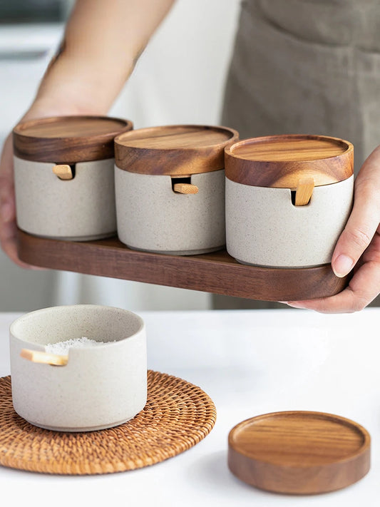 Retro Ceramic Seasoning Jar with Wooden Lid