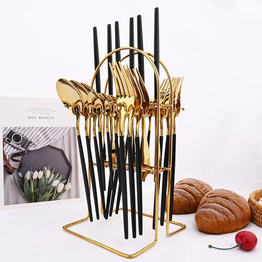 24pcs Black Gold Cutlery Set