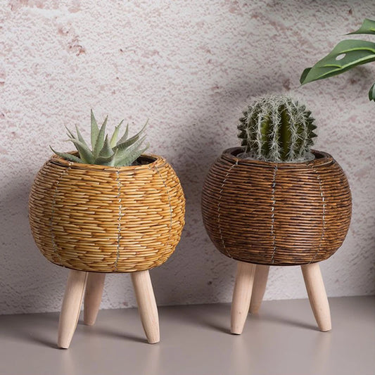 Woven Plant Basket With Wooden Legs