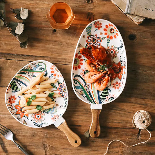 Floral Ceramic Serveware with Wooden Handles