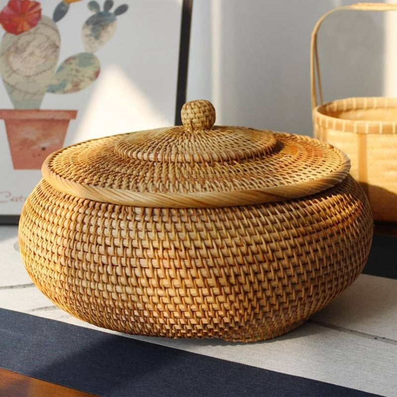 Round Rattan Wicker Basket with Lid