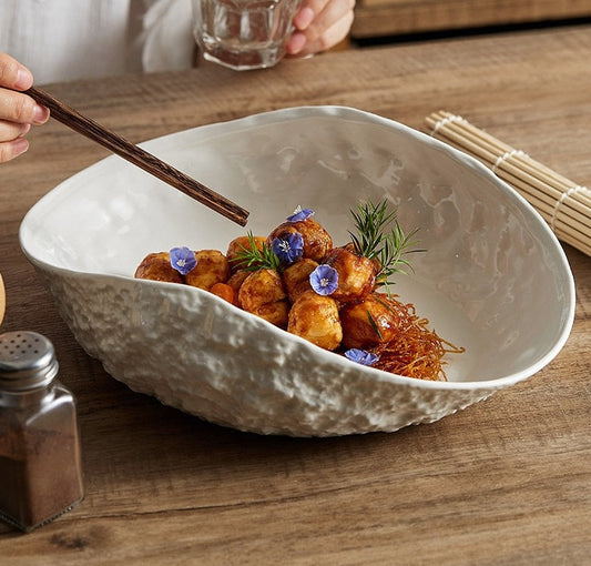 Rock Pattern Pure White Oval Bowl