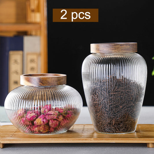 Wood Lid Glass Airtight Canister Kitchen Jar